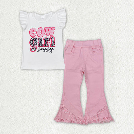 Baby Girl Short Sleeves Western Cowgirl Shirt Pink Denim Jeans Pants Clothes Set