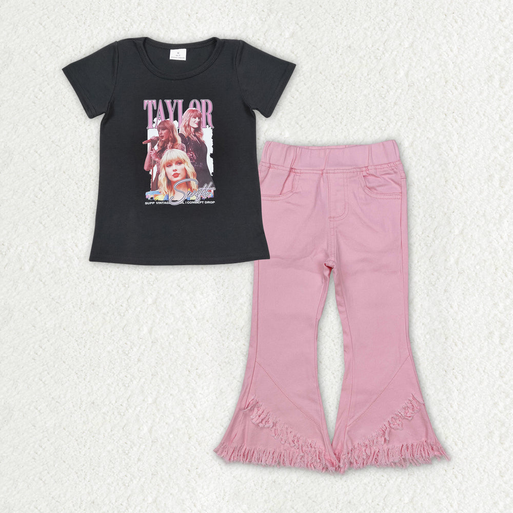 Baby Girl Short Sleeves Black Singer Shirt Pink Denim Jeans Pants Clothes Set