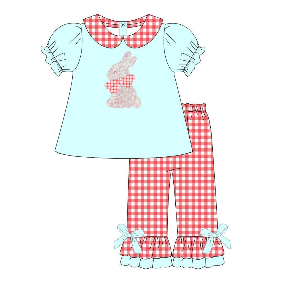 Preorder Baby Girl Short Sleeves Easter Green Rabbit Tunic Red Plaid Pants Clothes Set