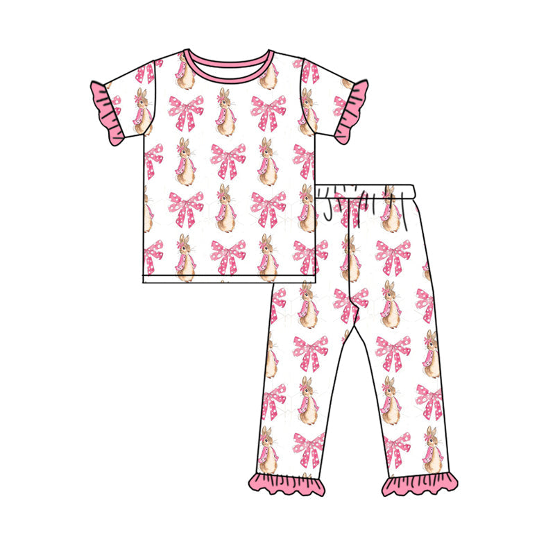 Preorder Baby Girl Short Sleeves Easter Bows Rabbit Shirt Pants Pajamas Clothes Set