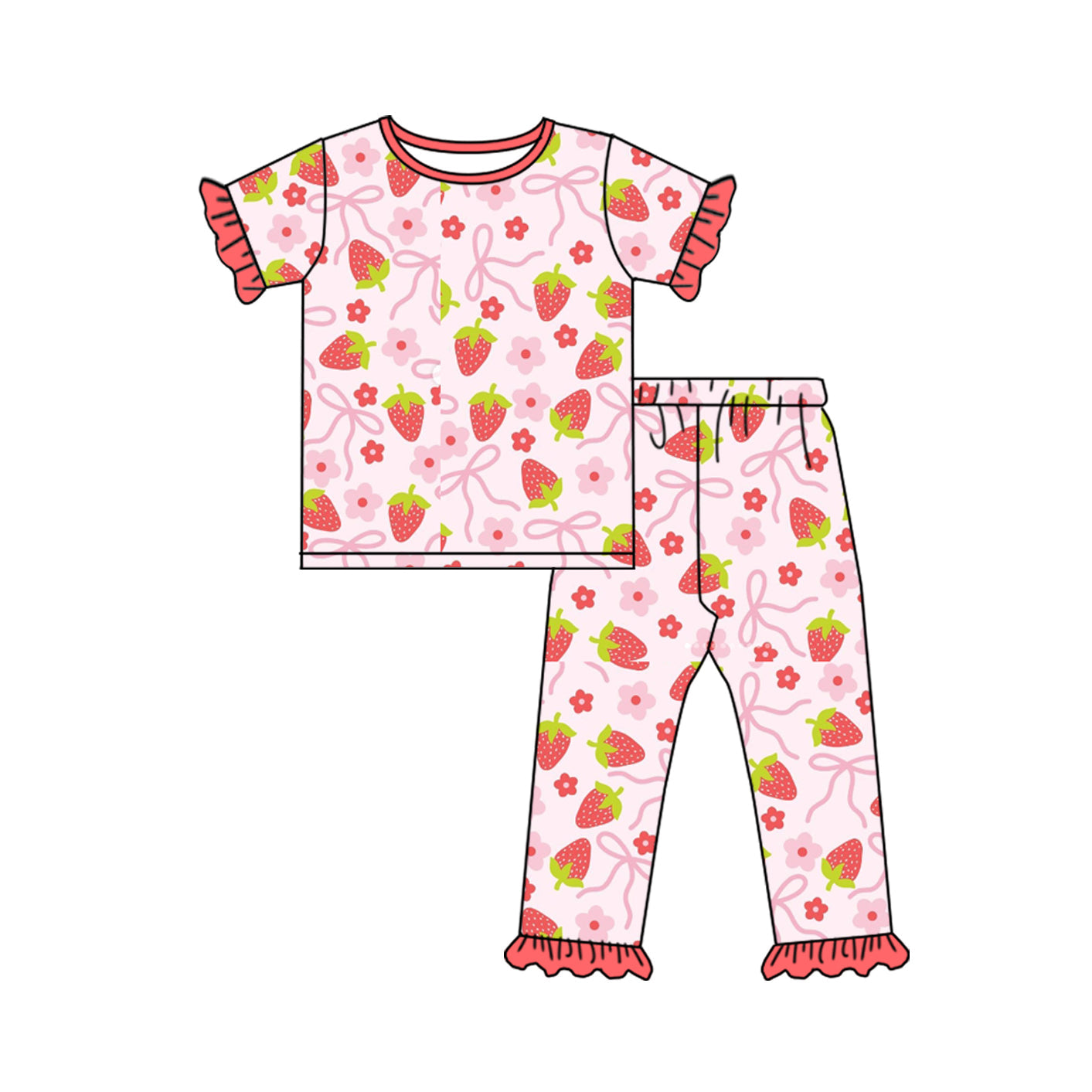 Preorder Baby Girl Short Sleeves Bows Strawberry Shirt Pants Pajamas Clothes Set