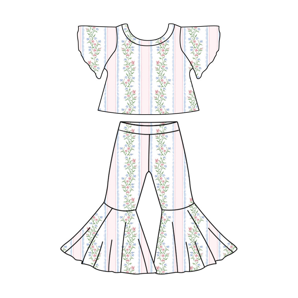 Preorder Baby Girl Flutter Sleeves Flower Shirt Bell Pants Clothes Set