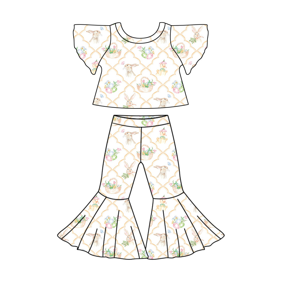 Preorder Baby Girl Flutter Sleeves Flower Rabbit Easter Shirt Bell Pants Clothes Set