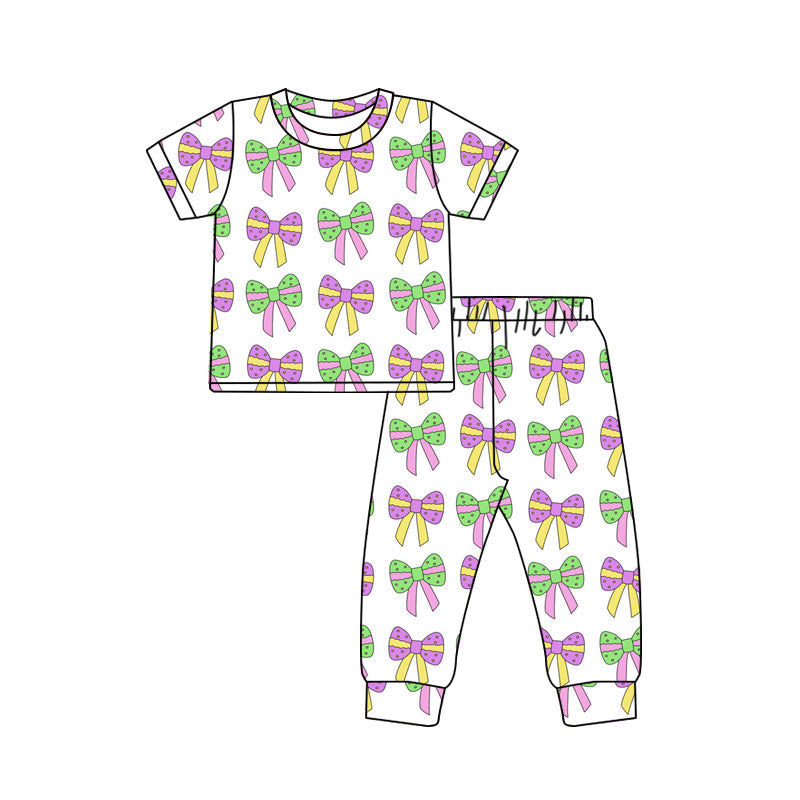 Preorder Baby Girl Short Sleeves Bows Mardi Gras Shirt Pants Pajamas Clothes Set