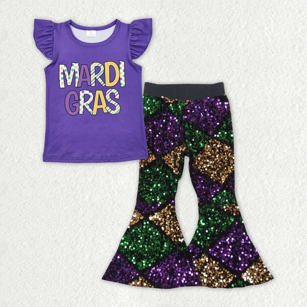 Sibling Baby Girls Short Sleeves Shirts Plaid Sequins Bell Pants Sets Mardi Gras Clothes RTS