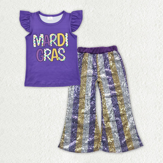 Baby Girl Short Sleeves Mardi Gras Purple Shirt Stripes Sequins Pants Clothes Set