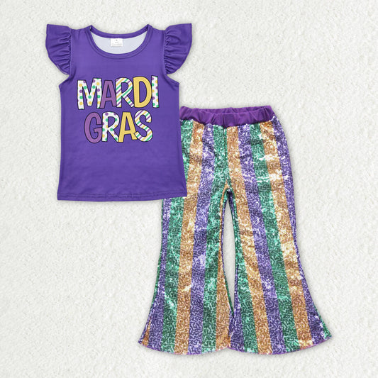 Baby Girl Purple Short Sleeves Mardi Gras Shirt Stripes Sequins Pants Clothes Set