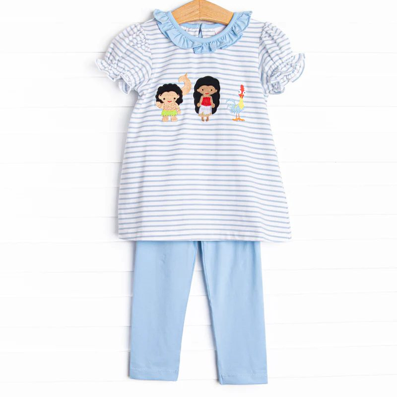 Preorder Baby Girl Short Sleeves Stripes Princess Tunic Blue Legging Clothes Set