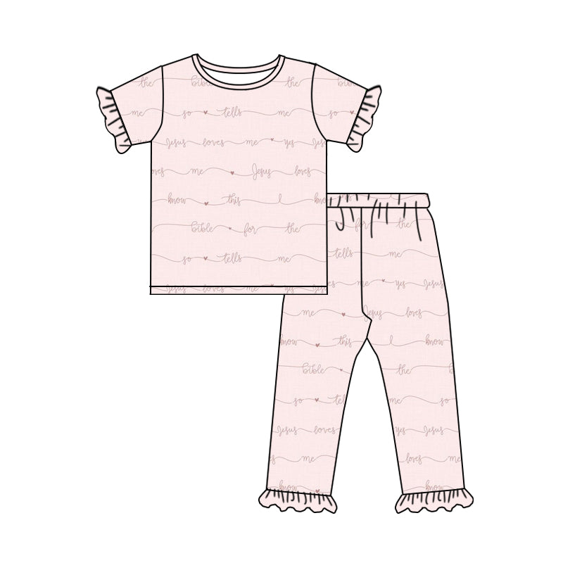 Preorder Baby Girl Short Sleeves Jesus Love Shirt Pants Pajamas Pink Set