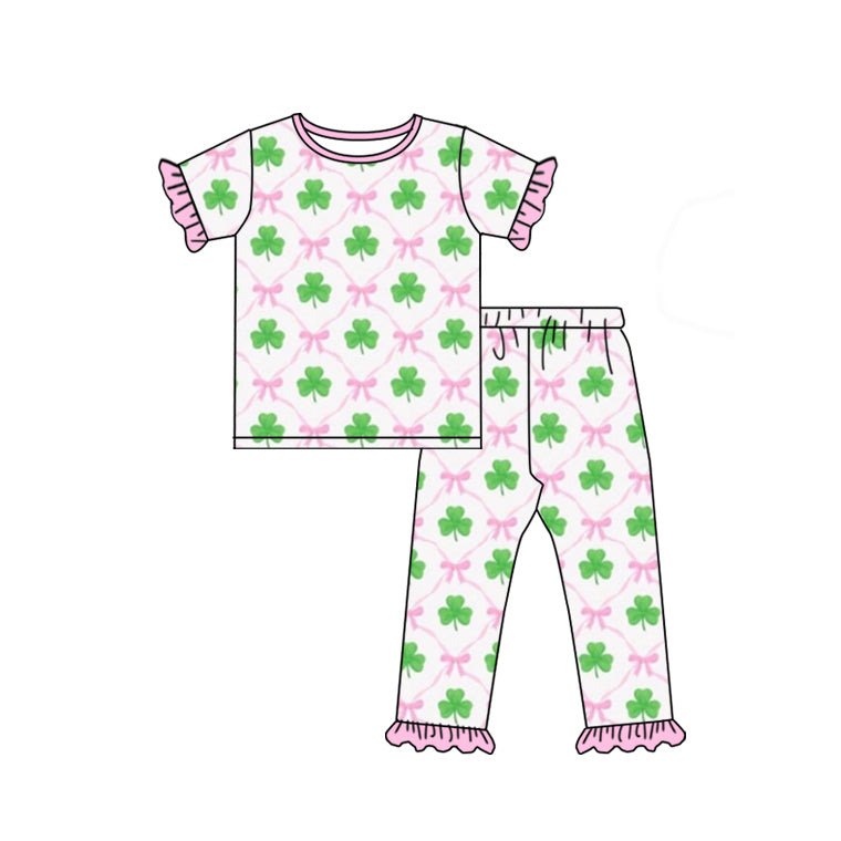 Preorder Baby Girl Short Sleeves St Patrick Pink Bows Shirt Pants Pajamas Clothes Set