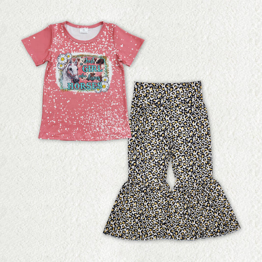 Baby Girl Short Sleeves Western Horse Shirt Leopard Bell Pants Clothes Set