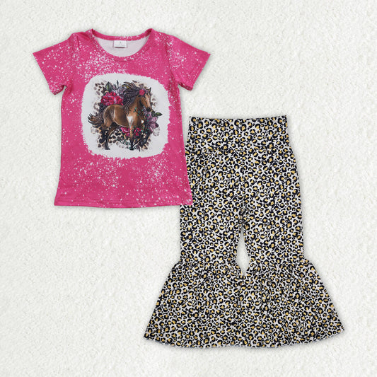 Baby Girl Short Sleeves Western Horse Flower Shirt Leopard Bell Pants Clothes Set