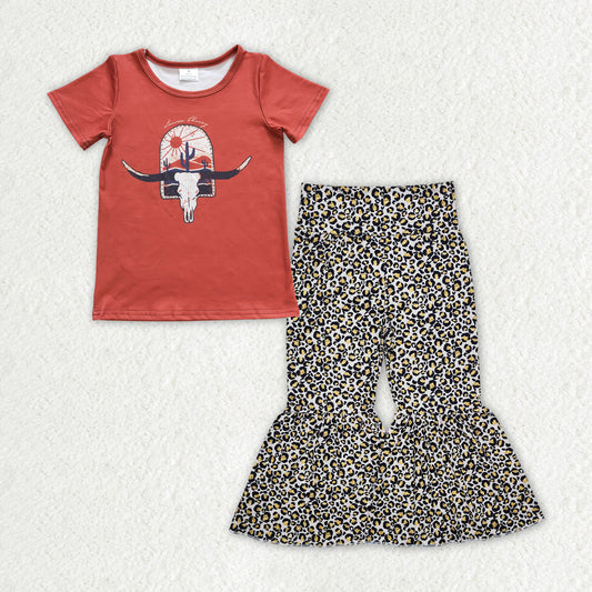 Baby Girl Short Sleeves Western Cow Cactus Shirt Leopard Bell Pants Clothes Set