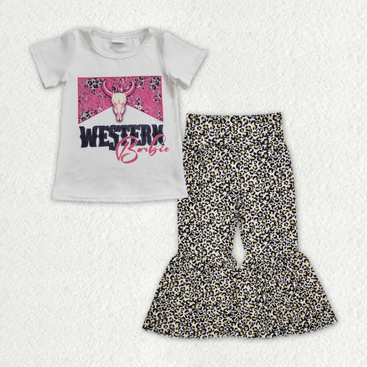 Baby Girl Short Sleeves Western Doll Shirt Leopard Bell Pants Clothes Set