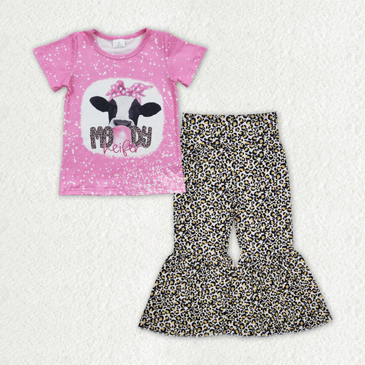 Baby Girl Short Sleeves Western Moody Heifer Shirt Leopard Bell Pants Clothes Set