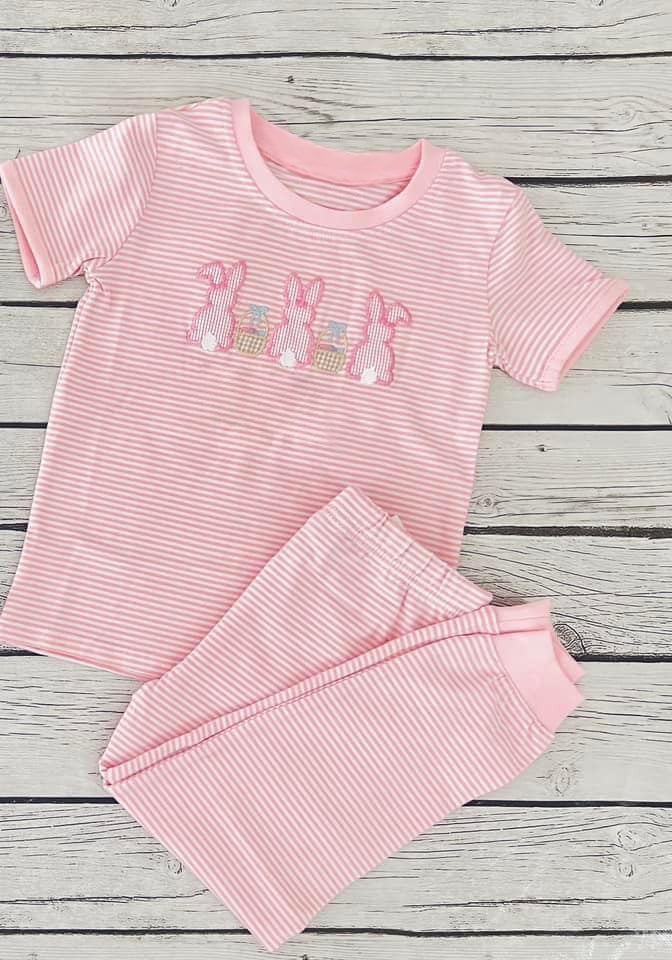 Preorder Baby Girl Short Sleeves Easter Rabbits Eggs Shirts Legging Pants Clothes Set