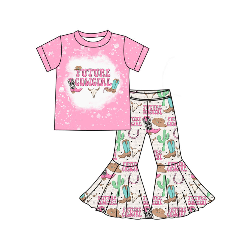 Preorder Baby Girl Short Sleeves Pink Western Boots Shirt Bell Pants Clothes Set