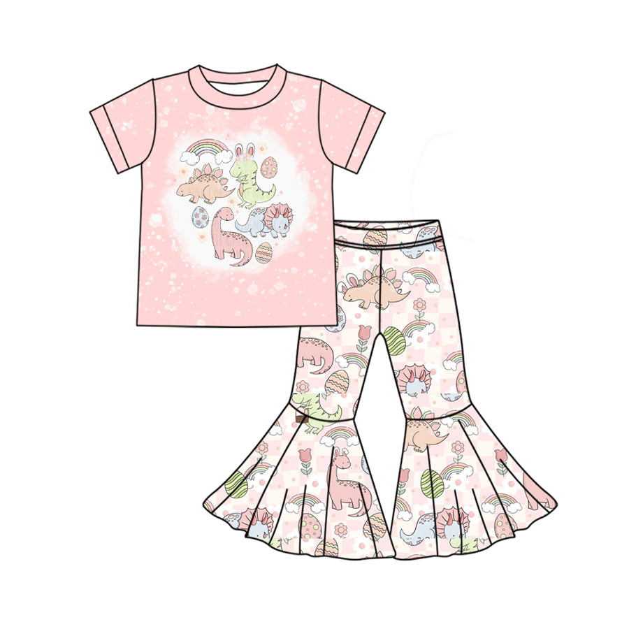 Preorder Baby Girl Short Sleeves Pink Easter Dinosaurs Shirt Bell Pants Clothes Set