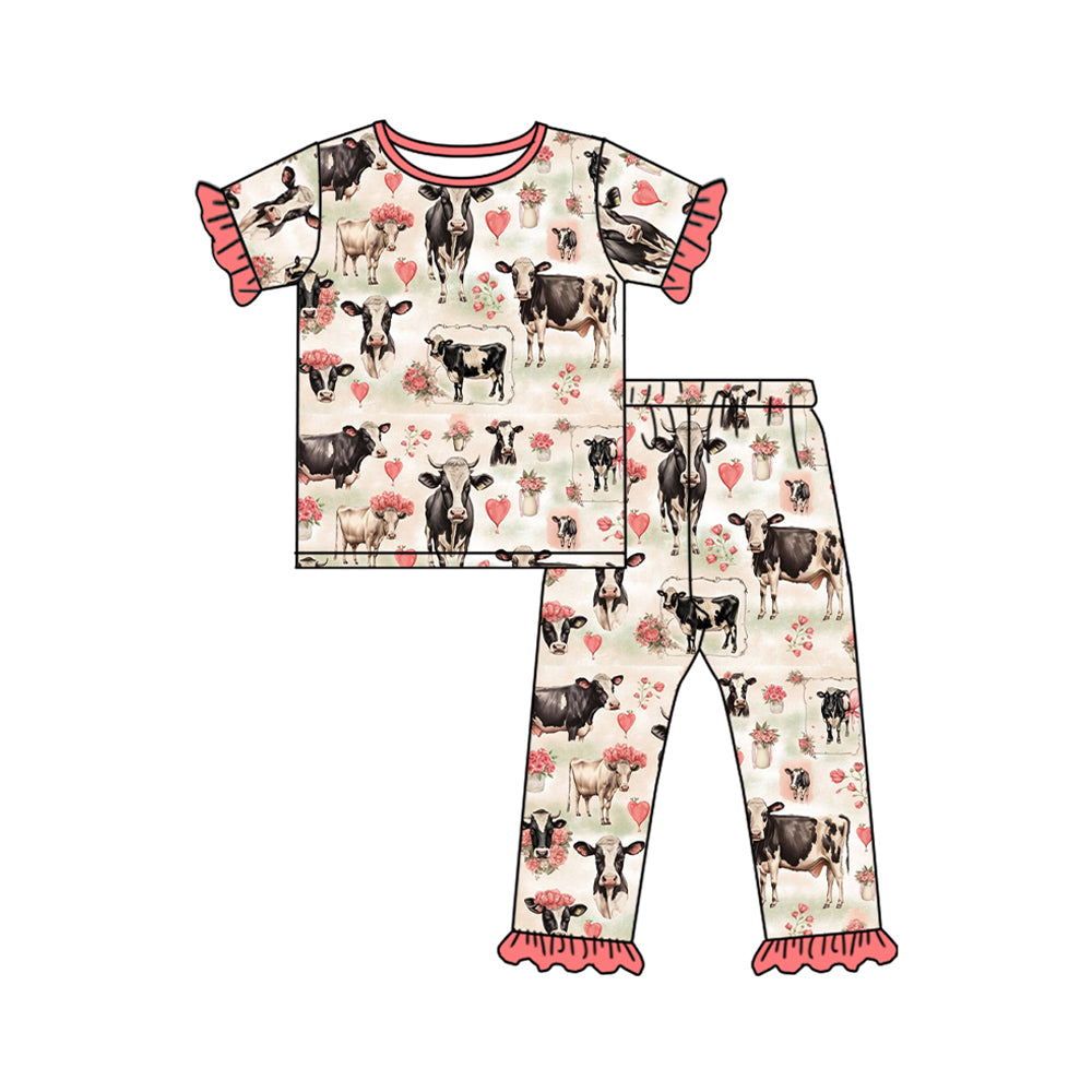 Preorder Baby Girl Short Sleeves Hearts Cow Flower Shirt Pants Pajamas Clothes Set