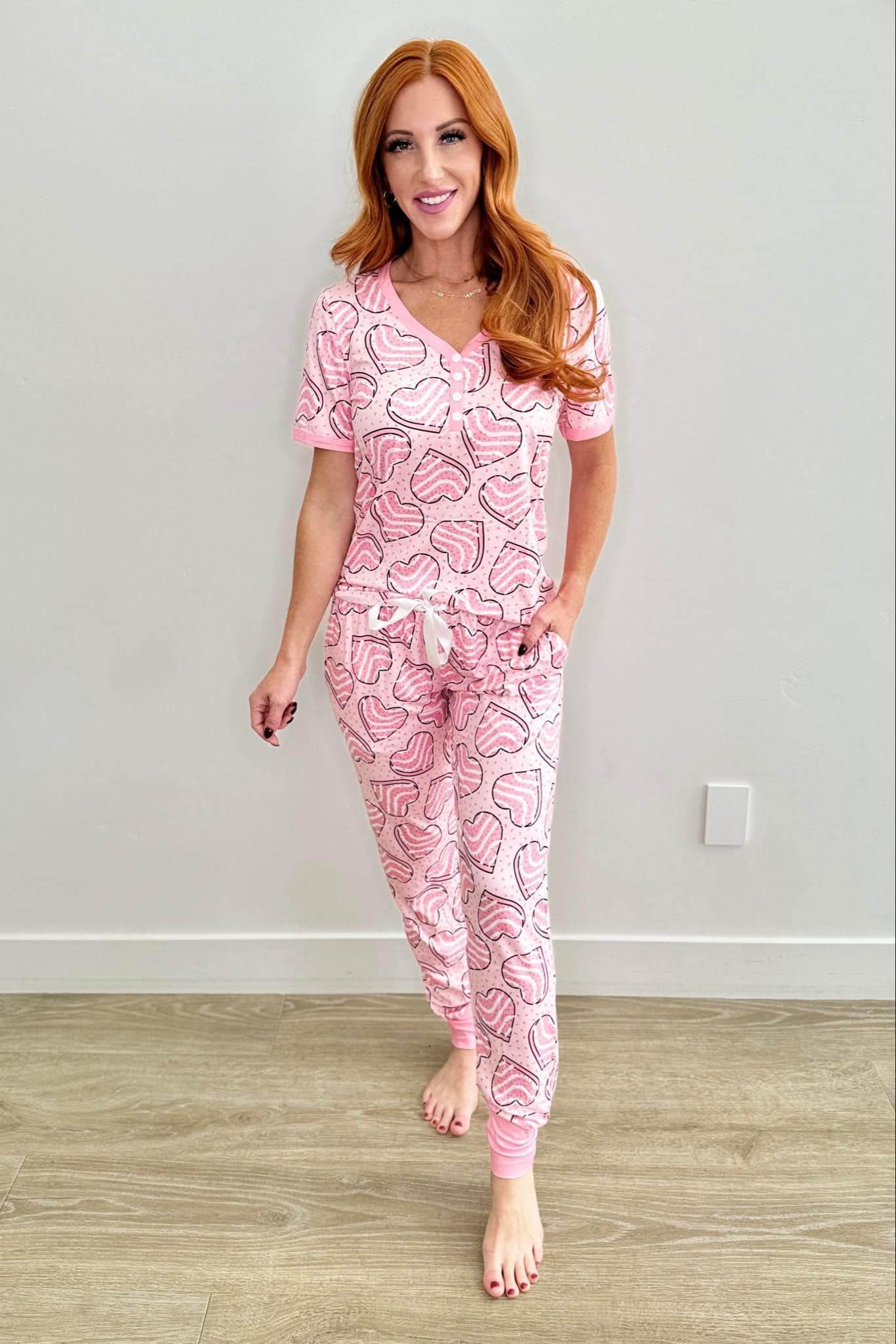 Preorder Adult Women Short Sleeves Valentines Hearts Shirt Pants Pajamas Pink Set