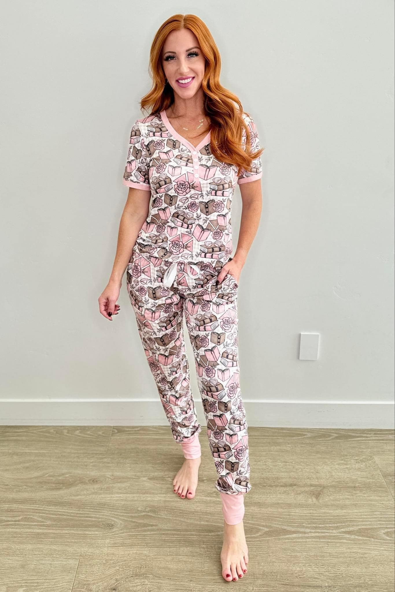 Preorder Adult Women Short Sleeves Valentines Flowers Books Shirt Pants Pajamas Set