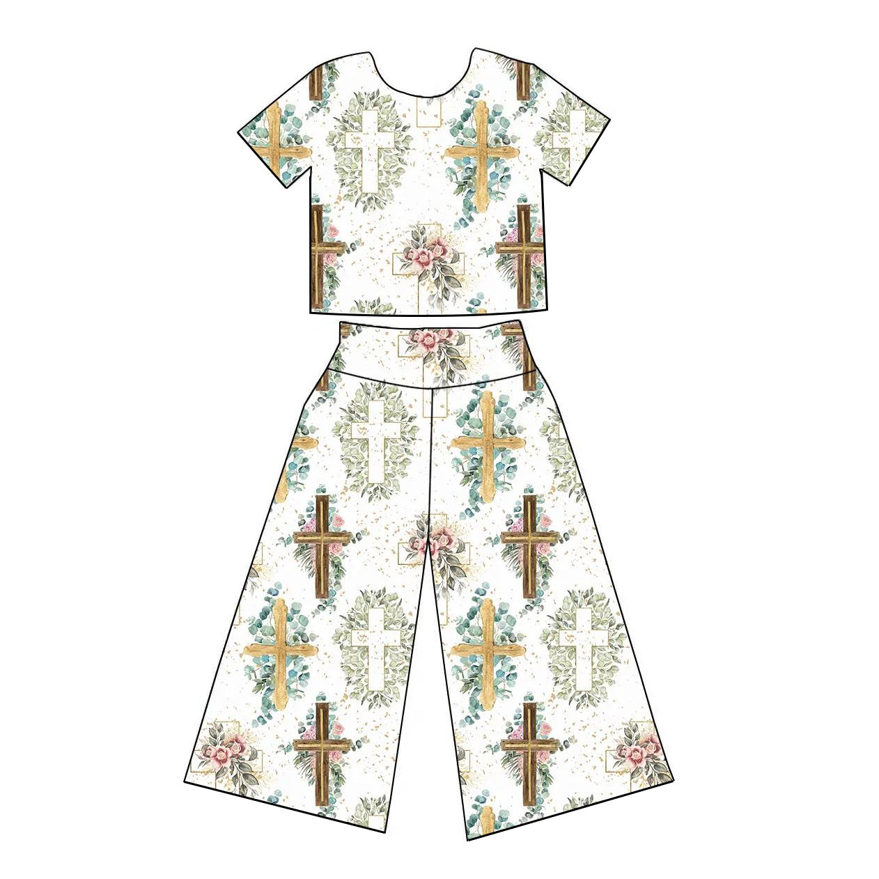 Preorder Baby Girl Short Sleeves Easter Cross Flower Shirt Pants Clothes Set