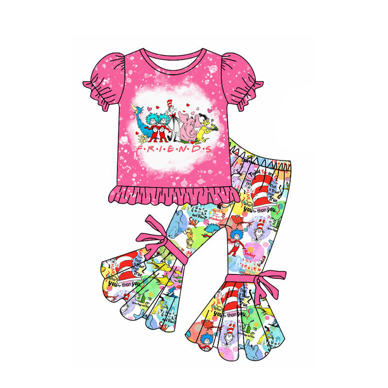 Preorder Baby Girl Pink Short Sleeves Dr Reading Elephant Shirt Bell Pants Clothes Set