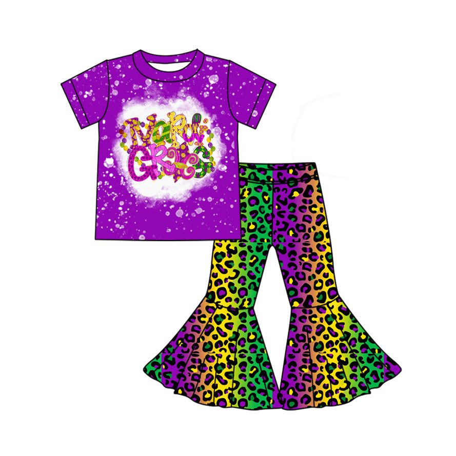 Preorder Baby Girl Short Sleeves Mardi Gras Leopard Shirt Bell Bottom Pants Clothes Set