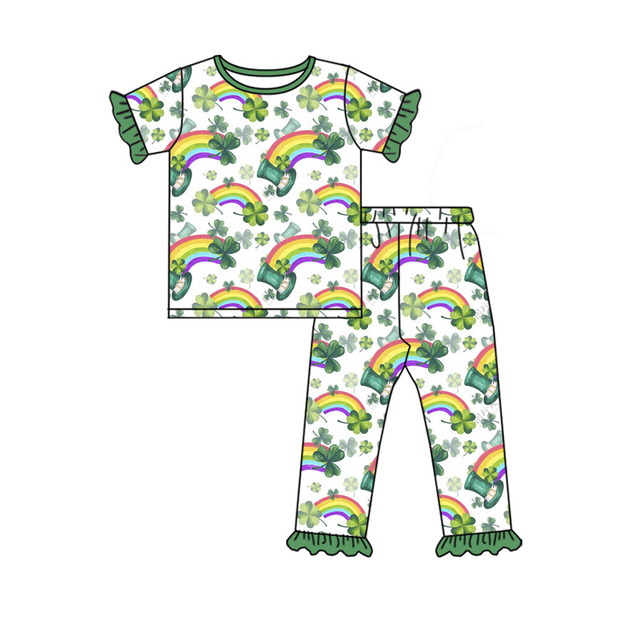 Preorder Baby Girl Short Sleeves St Patrick Quatrefoil Rainbow Shirt Pants Pajamas Clothes Set
