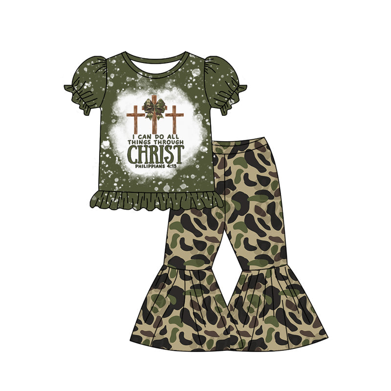 Preorder Baby Girl Short Sleeves Green Christ Camo Shirt Bell Pants Clothes Set