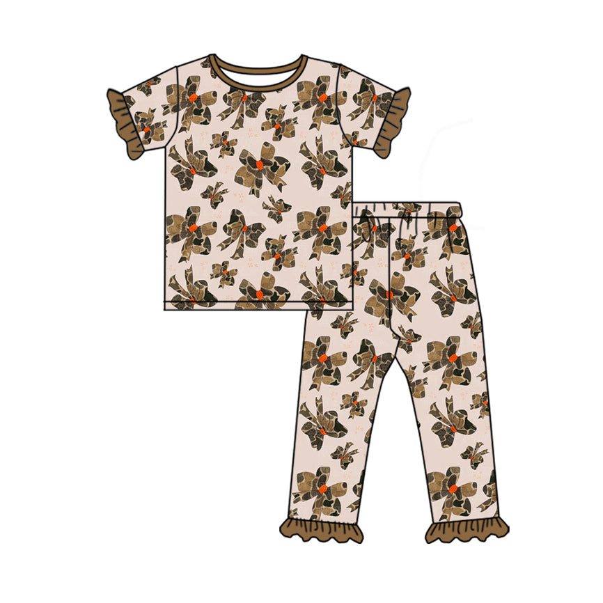 Preorder Baby Girl Short Sleeves Bows Brown Camo Shirt Pants Pajamas Clothes Set