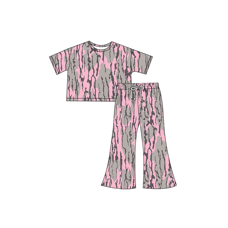 Preorder Baby Girl Short Sleeves Pink Camo Shirt Pants Clothes Set