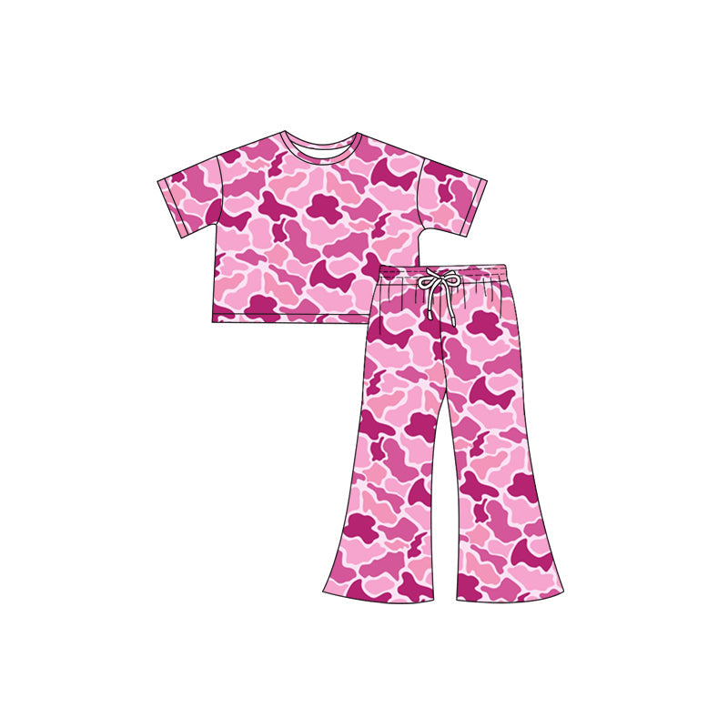Preorder Baby Girl Short Sleeves Pink Shirt Tops Camo Pants Clothes Set