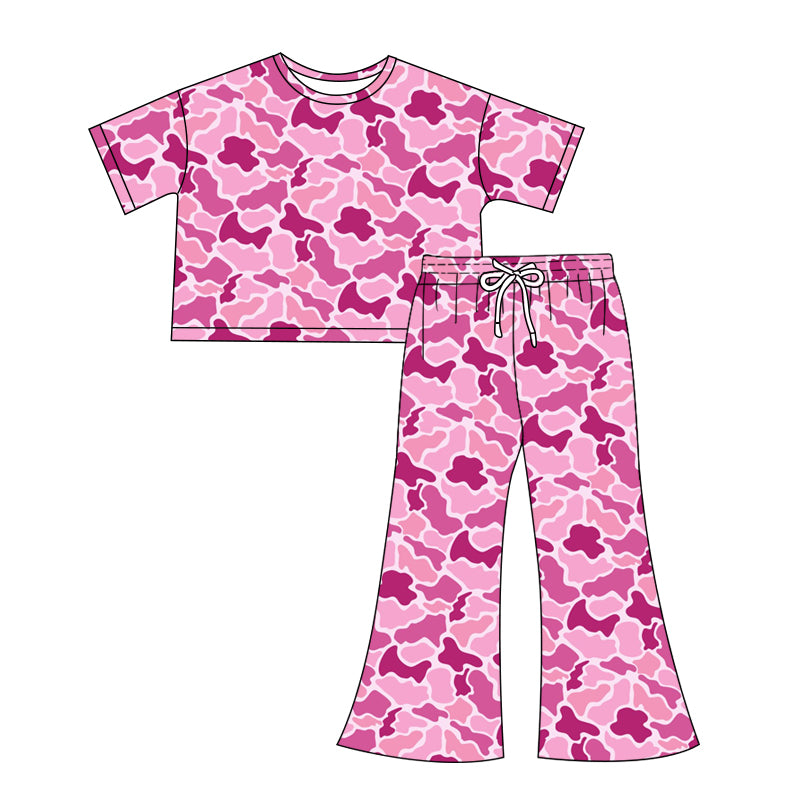 Preorder Adult Women Short Sleeves Pink Shirt Tops Camo Pants Clothes Set