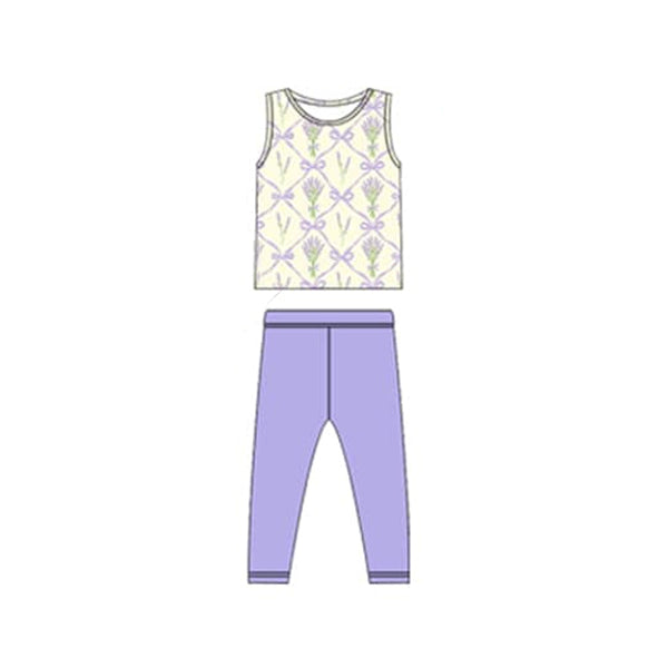 Pre-order Baby Girl Sleeveless Flower Bows Shirt Purple Leggings Pants Clothes Set
