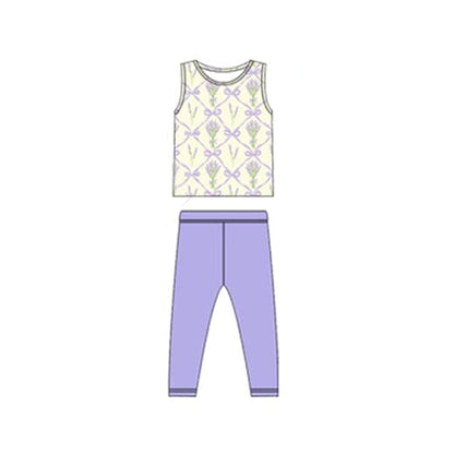 Pre-order Baby Girl Sleeveless Flower Bows Shirt Purple Leggings Pants Clothes Set