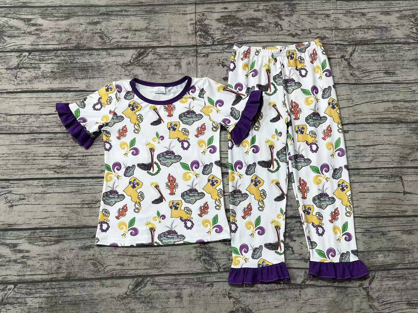 Baby Girl Short Sleeves Mardi Gras Bird Crawfish Shirt Pants Pajamas Clothes Set