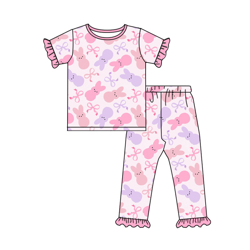 Preorder Baby Girl Short Sleeves Rabbits Bows Easter Shirt Pants Pajamas Clothes Set