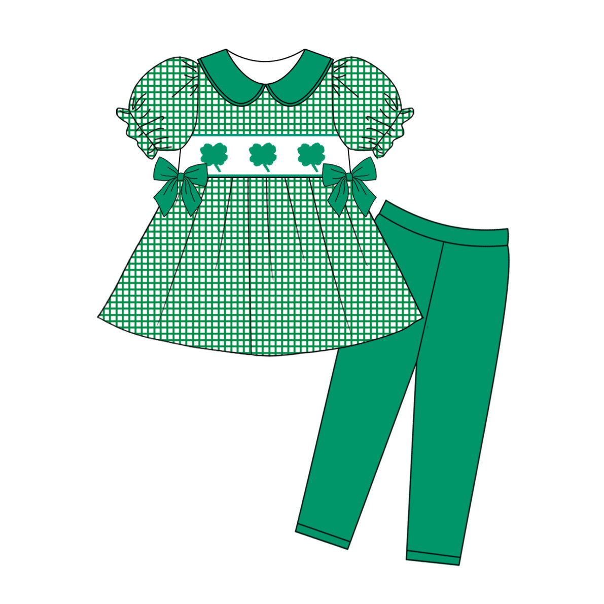 Preorder Baby Girl Short Sleeves St Patrick Day Plaid Bows Tunic Green Leggings Pants Clothes Set