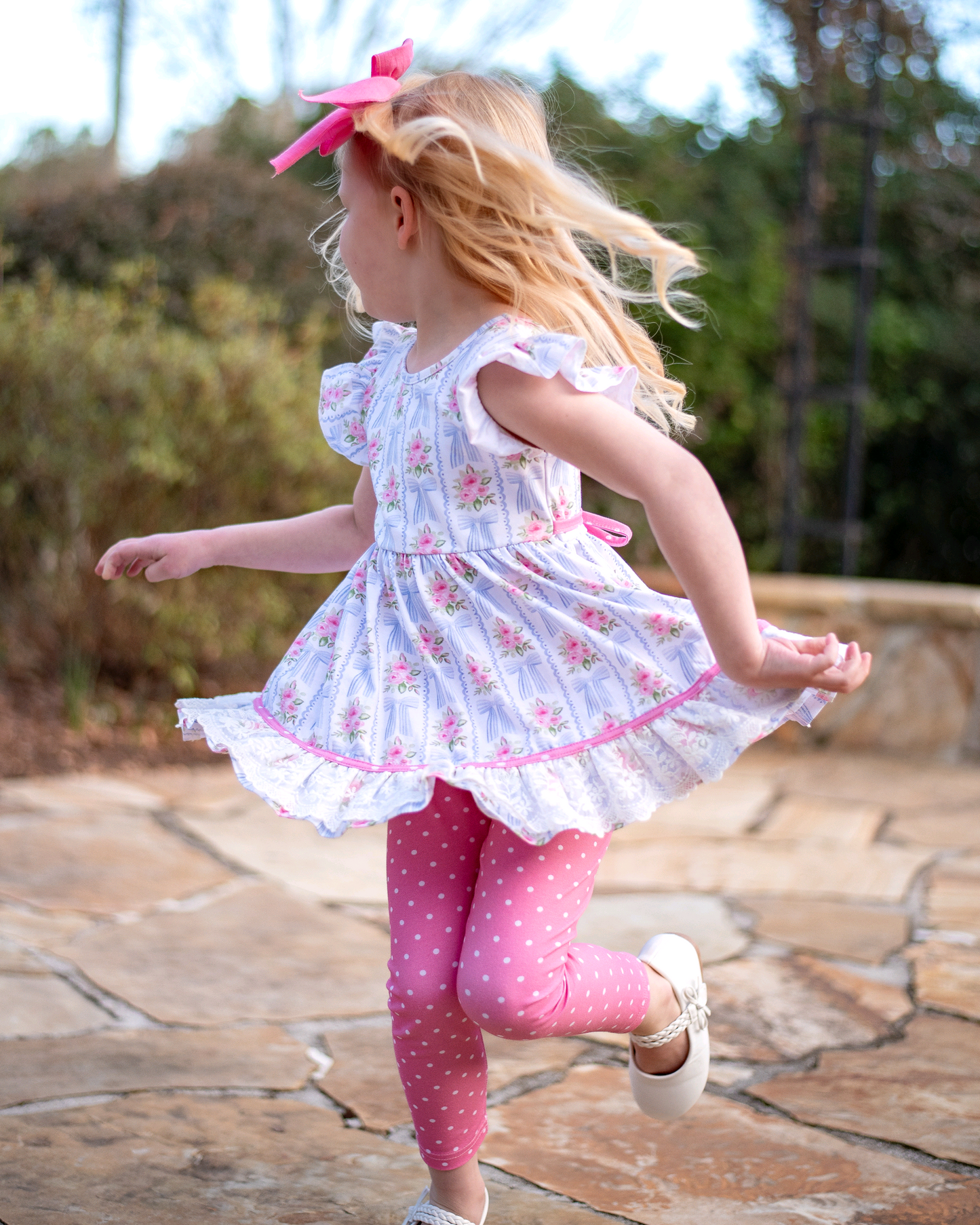 Preorder Baby Girl Short Sleeves Flower Bows Tunic Pink Leggings Pants Clothes Set