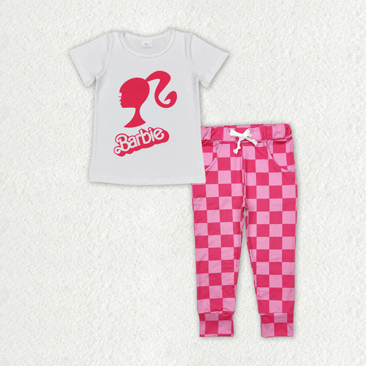 Baby Girl Short Sleeves Doll Shirt Pink Checkered Pocket Pants Clothes Set