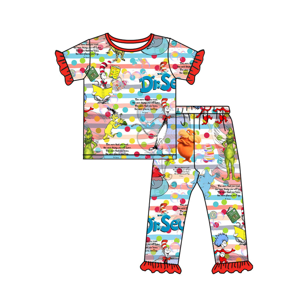 Preorder Baby Girl Short Sleeves Dr.Reading Stripes Shirt Pants Pajamas Clothes Set