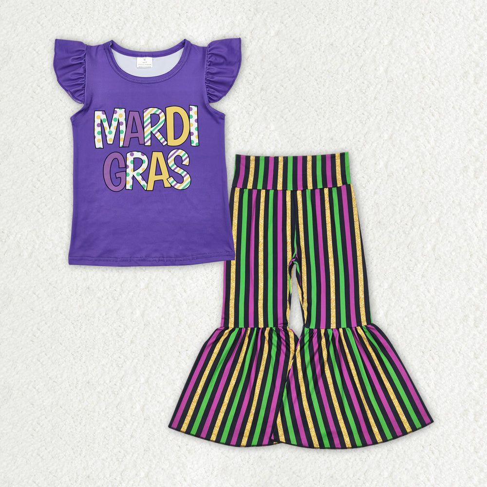 Sibling Baby Girls Kids Shorts Sleeves Shirts Stripes Bell Pants Sets Mardi Gras Clothes RTS
