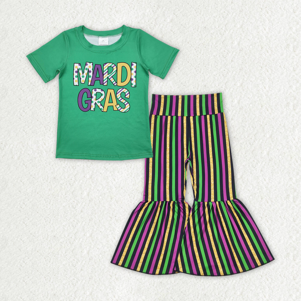 Sibling Baby Girls Kids Shorts Sleeves Shirts Stripes Bell Pants Sets Mardi Gras Clothes RTS