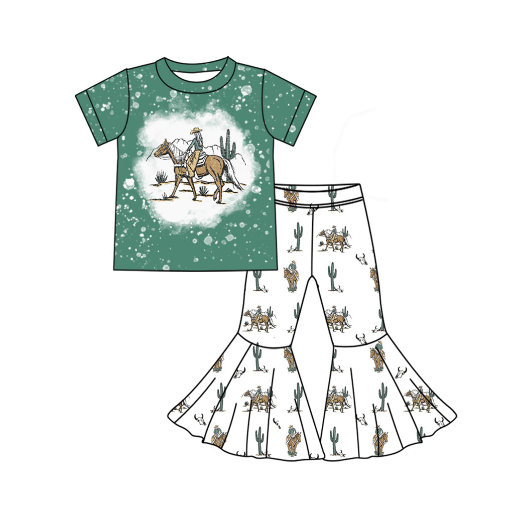 Preorder Baby Girl Short Sleeves Rodeo Cactus Western Shirt Bell Pants Clothes Set