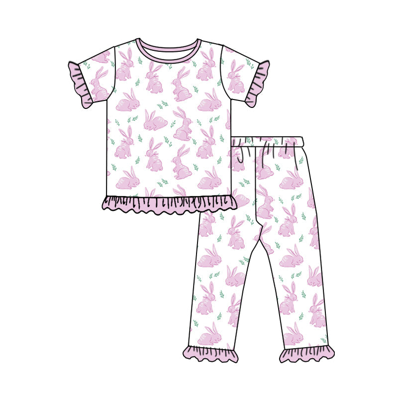 Preorder Baby Girl Short Sleeves Pink Easter Rabbits Shirt Pants Pajamas Clothes Set