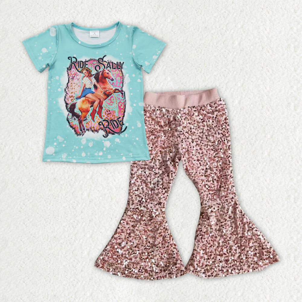Sibling Baby Girls Kids Short Sleeves Western Shirts Sequins Bell Pants Sets Clothes RTS
