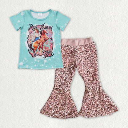 Sibling Baby Girls Kids Short Sleeves Western Shirts Sequins Bell Pants Sets Clothes RTS