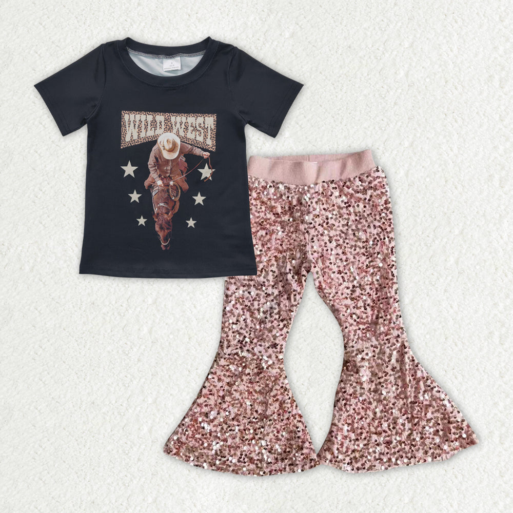 Sibling Baby Girls Kids Short Sleeves Western Shirts Sequins Bell Pants Sets Clothes RTS
