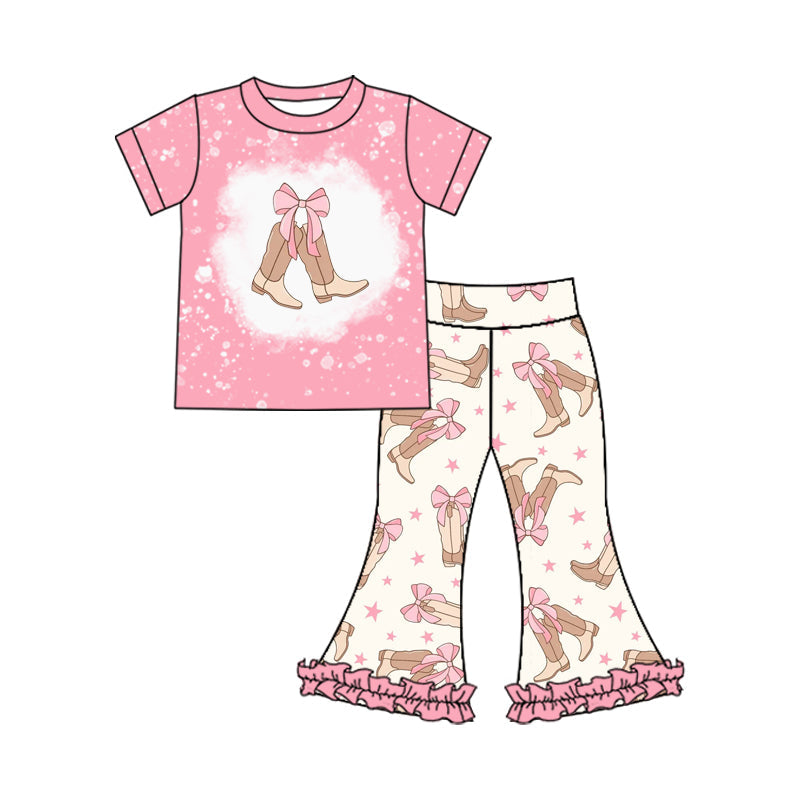 Preorder Baby Girl Short Sleeves Pink Shirt Western Boots Bell Pants Clothes Set